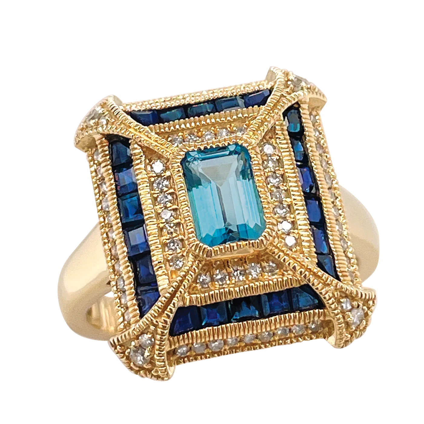 9ct London Blue Topaz, Sapphire & Diamond Ring