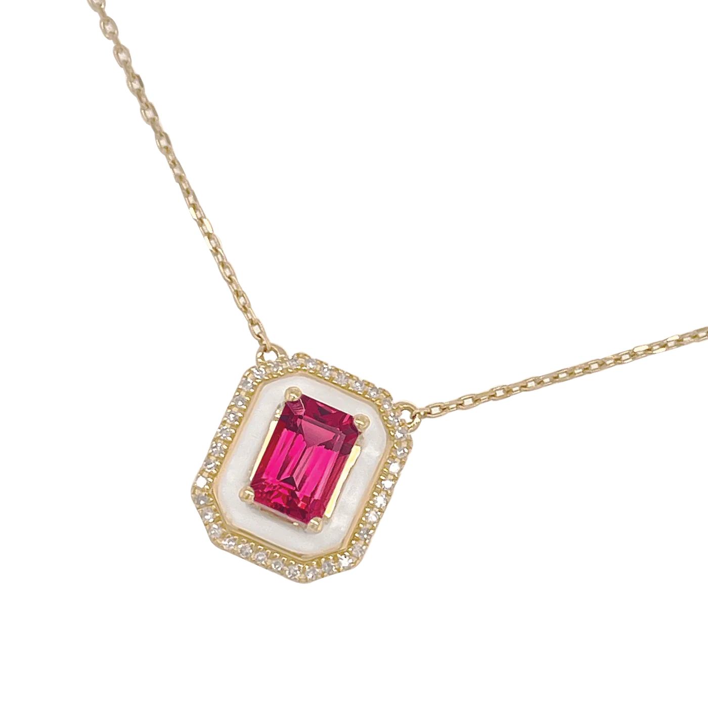 9ct Rhodolite Garnet With White Enamel & Diamond Necklace