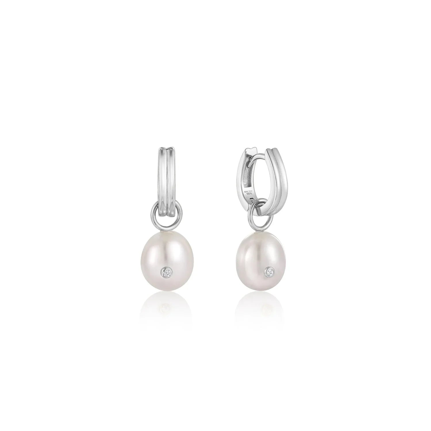 Ania Haie Silver Pearl Drop Sparkle Huggie Hoop Earrings