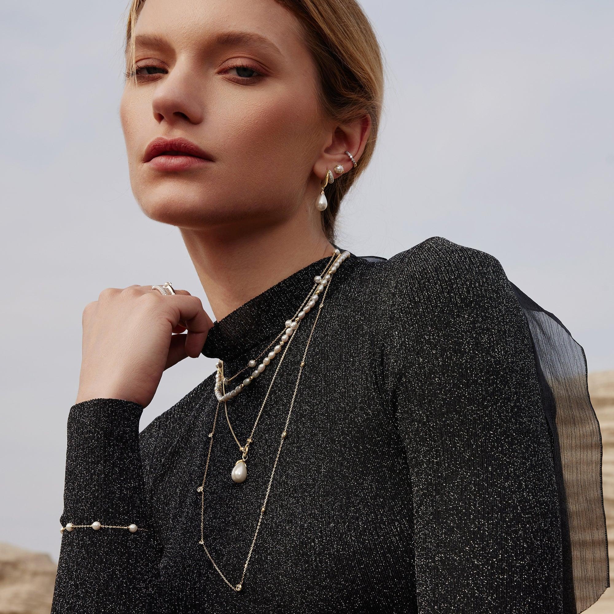 Ania Haie Gold Linked Shell Pearl Drop Pendant Necklace