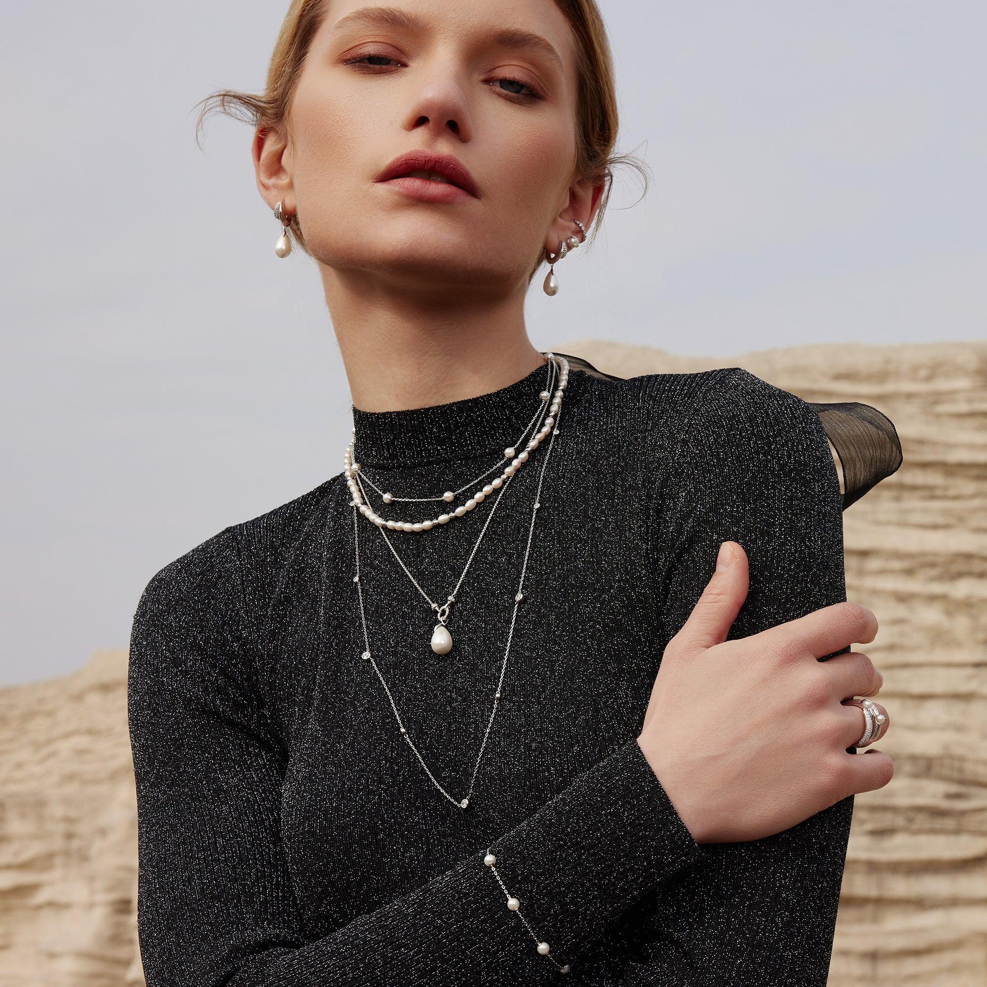 Silver Sparkling Duet Mixed Shell Pearl Drop Huggie Hoop Earrings