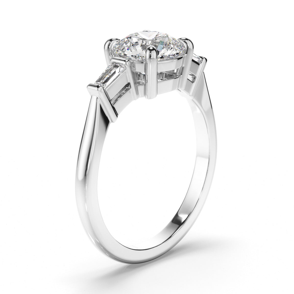 Round Brilliant Cut Diamond Trilogy Engagement Ring with Baguette Sides