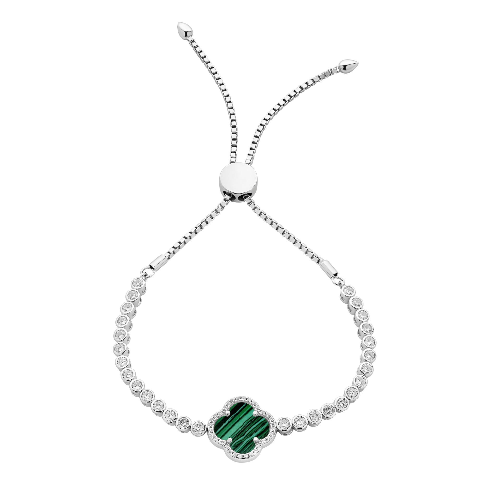 Sterling Silver Created Malachite & Cubic Zirconia Friendship Bracelet