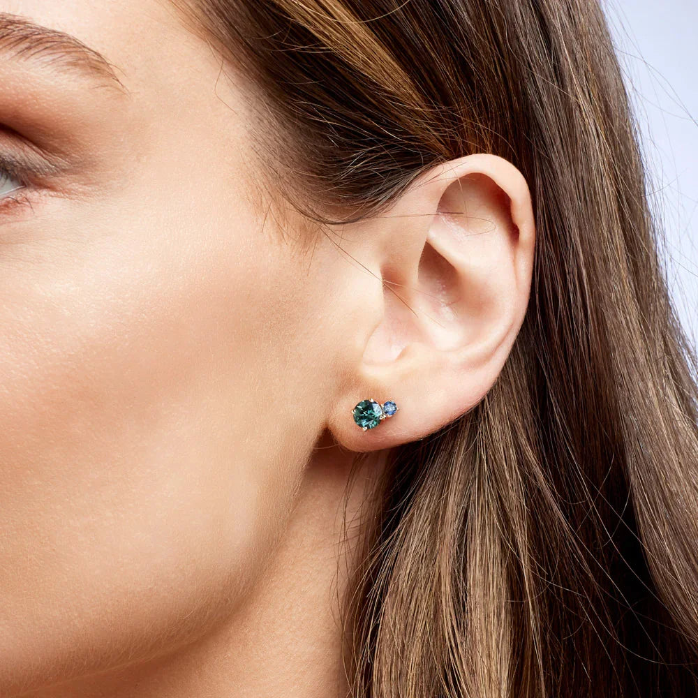 Australian Sapphire Toi Et Moi Rose Gold Earrings with Light Teal & Light Blue Sapphires