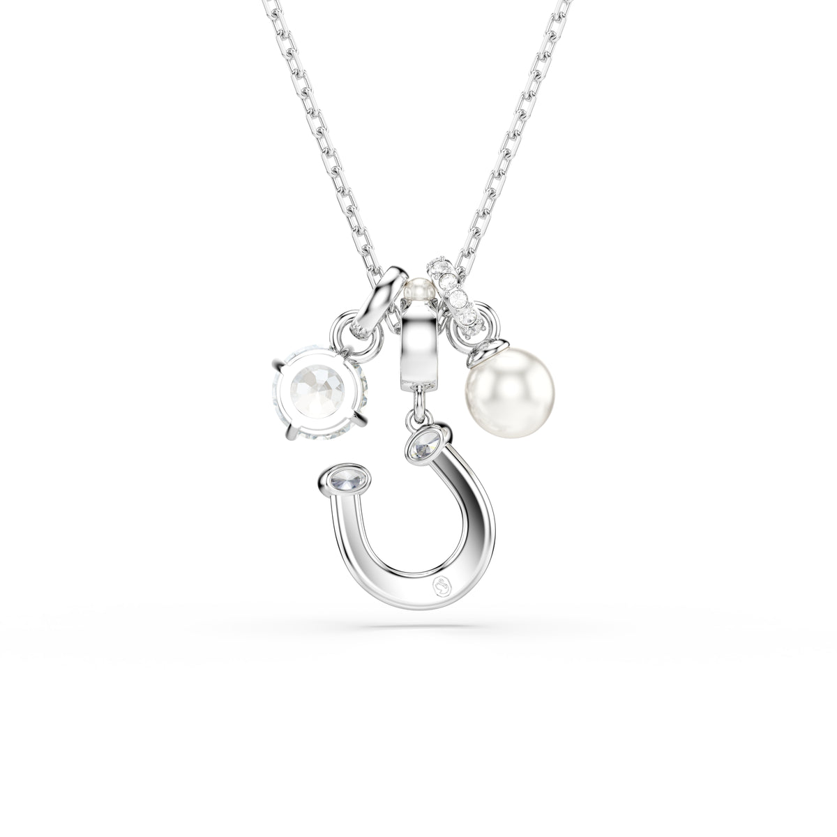 Crystal pearl, Round cut, Pavé, Horseshoe, White, Rhodium plated