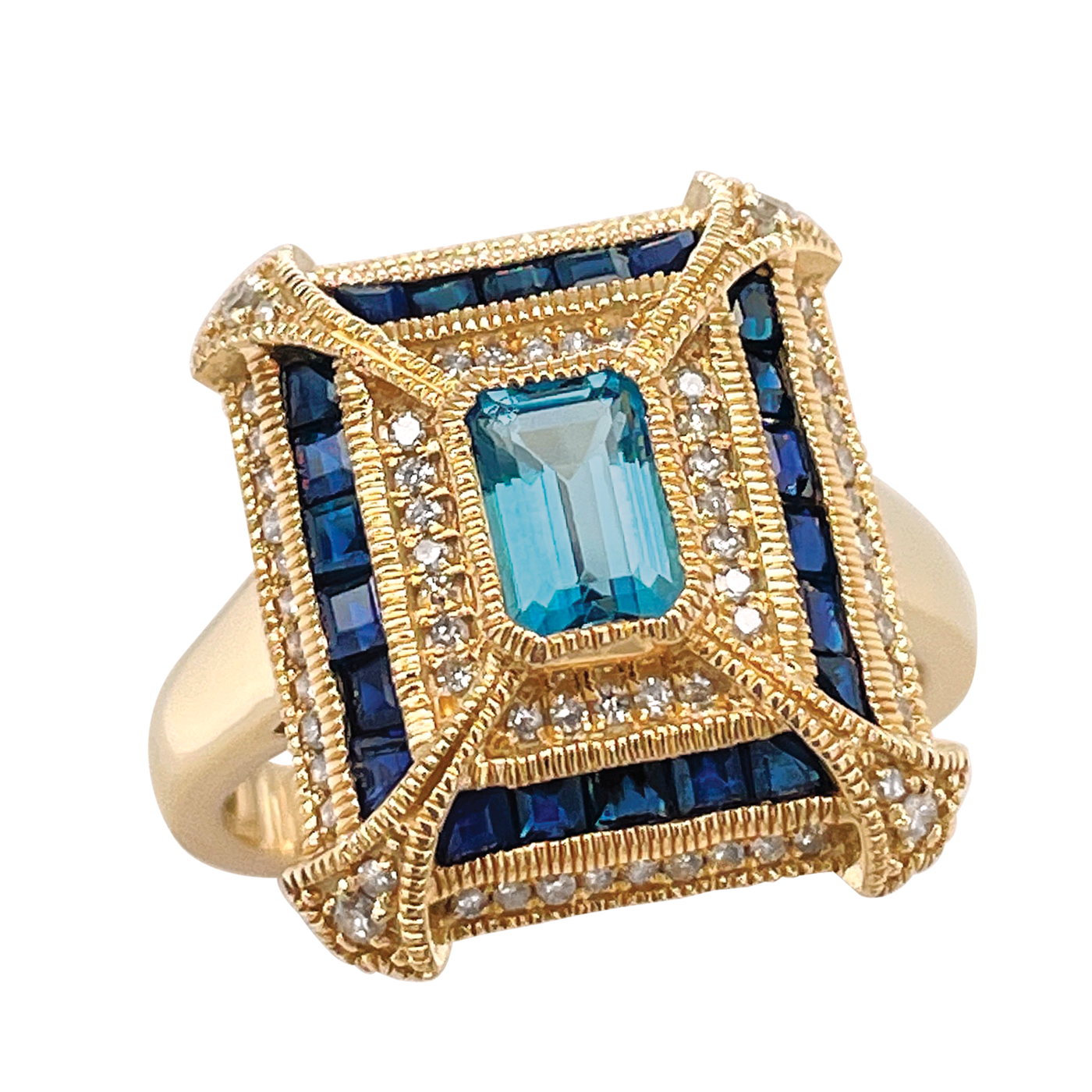 9ct London Blue Topaz, Sapphire & Diamond Ring