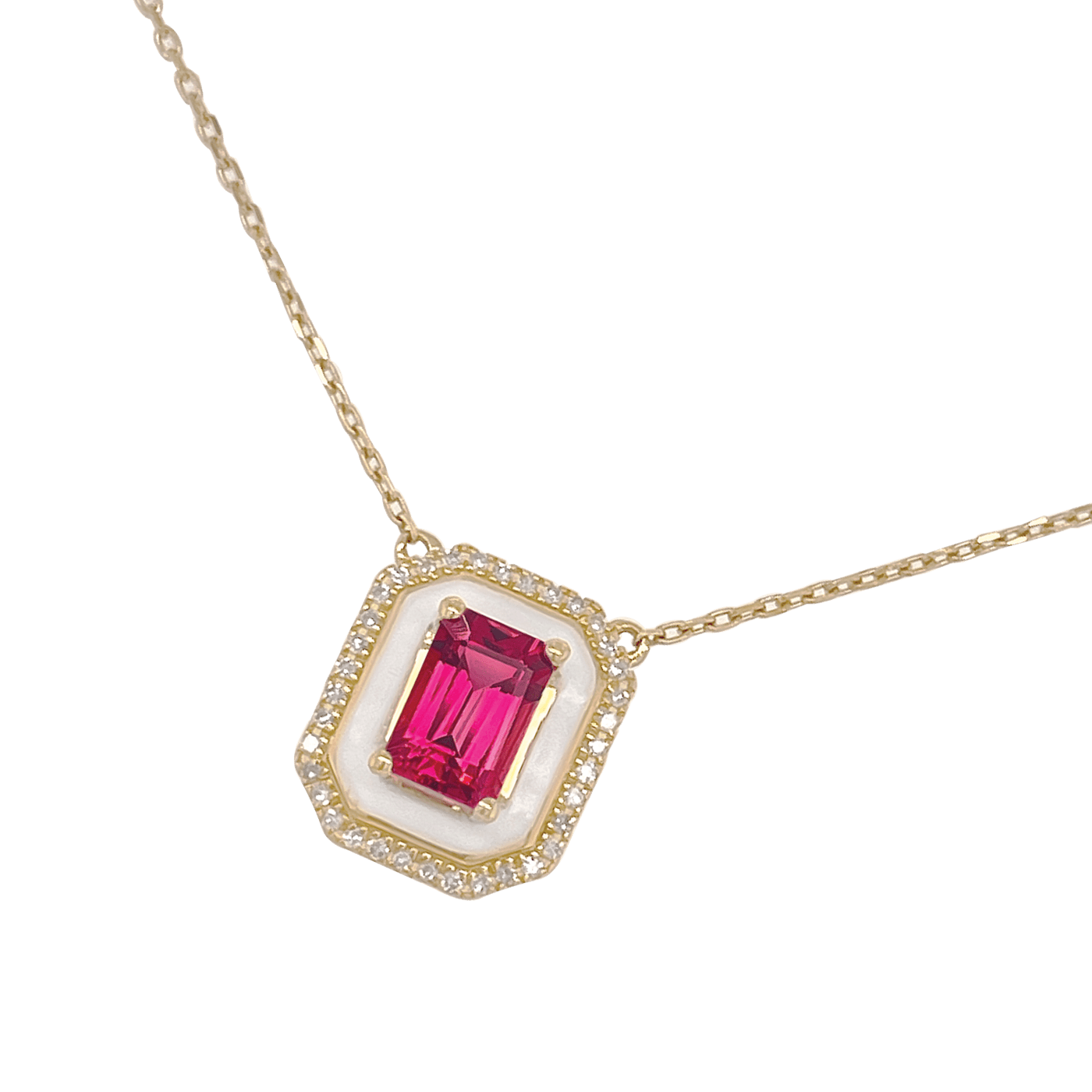 9ct Rhodolite Garnet With White Enamel & Diamond Necklace