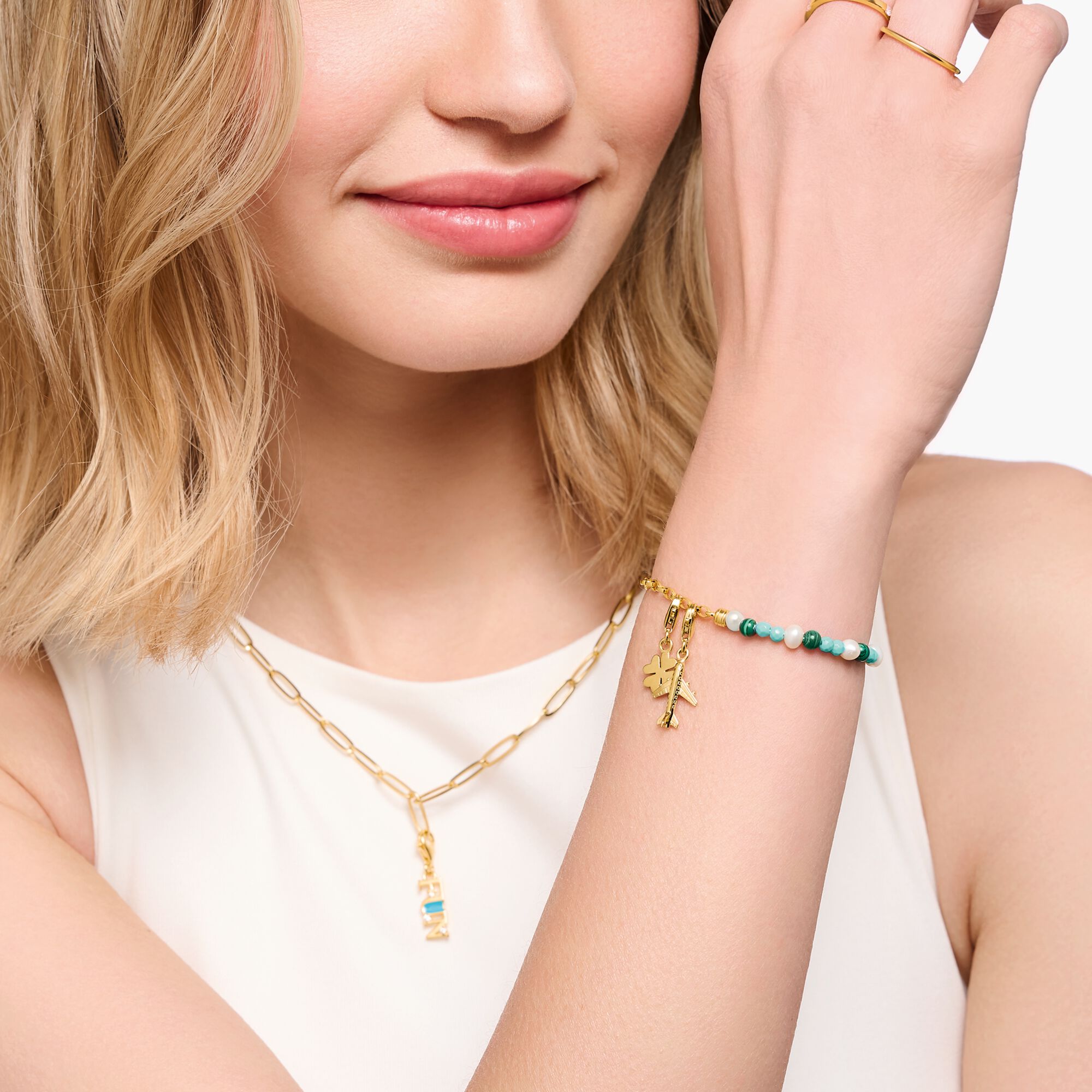 THOMAS SABO Member Charm Bracelet with Pearls, Malachite and Charmista Disc Gold Plated