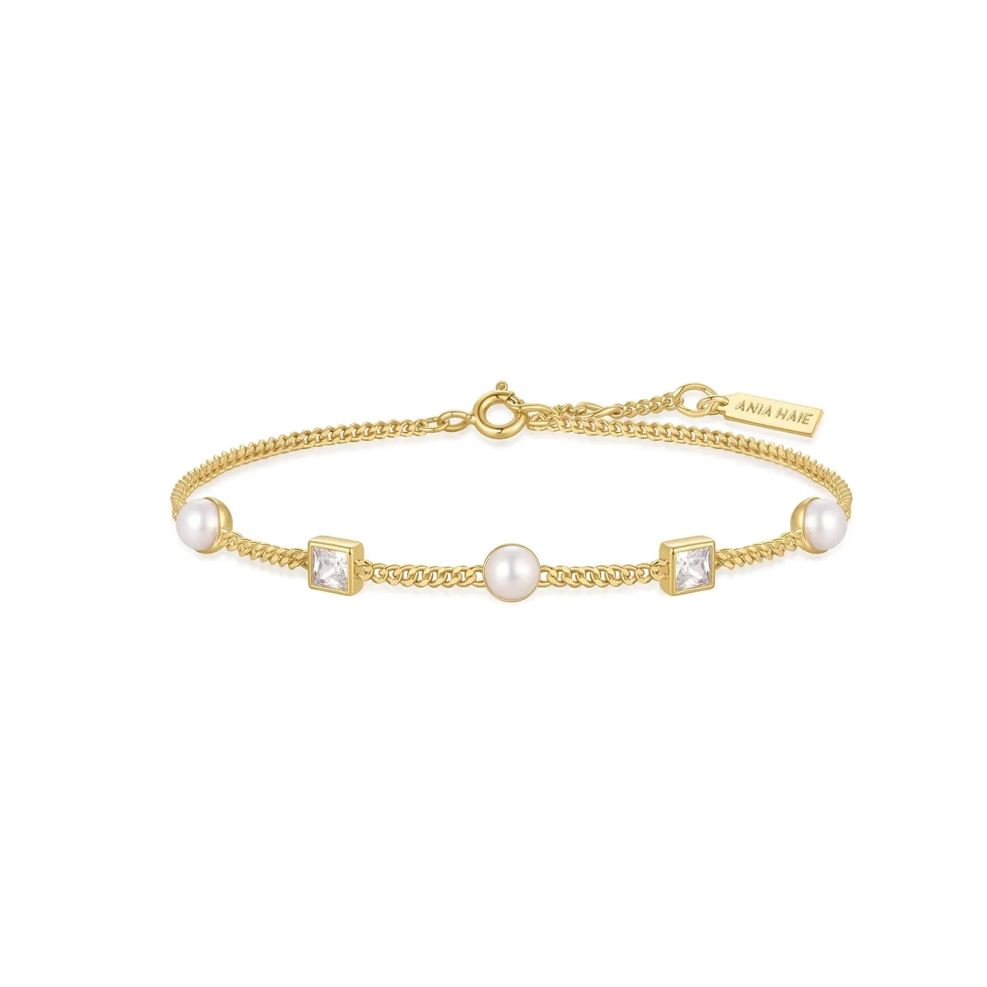 Ania Haie Gold Bezel-Set Cube and Pearl Station Bracelet