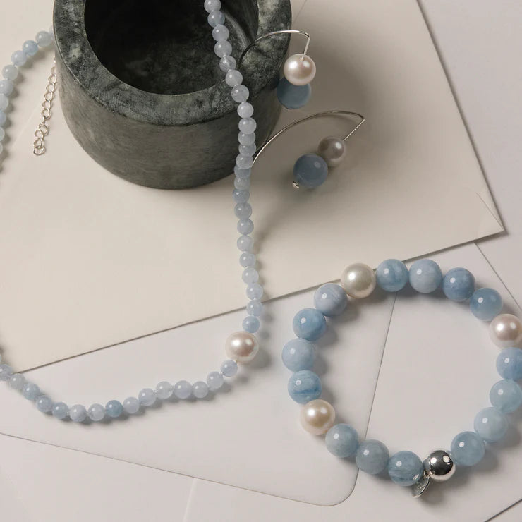 Sunset Aquamarine & Pearl Stretch Bracelet